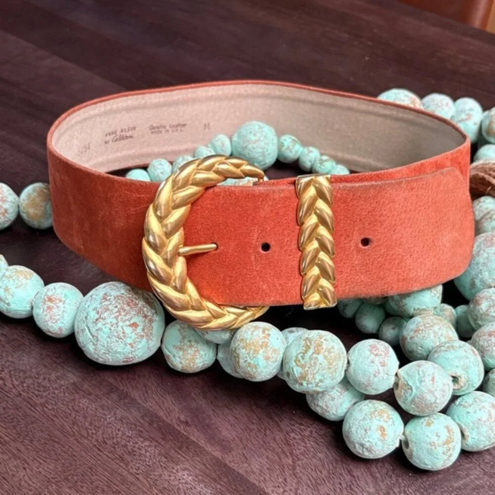 Vintage Anne Klein for Caldron Leather Belt with Gold Leaf Buckle